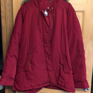 Red coat with fur-lined hood